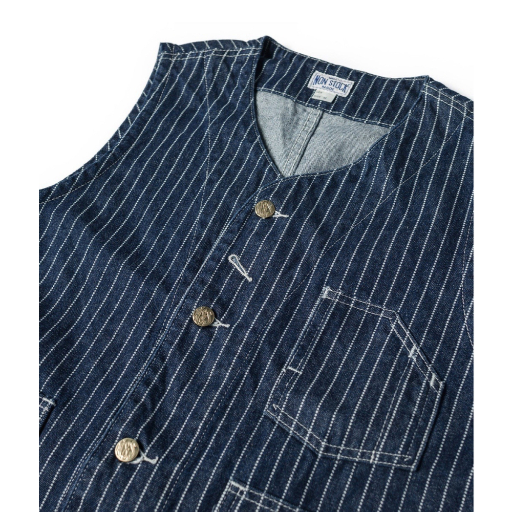 Non Stock Retro Amekaji Men's Wabash Stripe Vest Railroad Work Denim Waistcoats - Picture 7 of 16